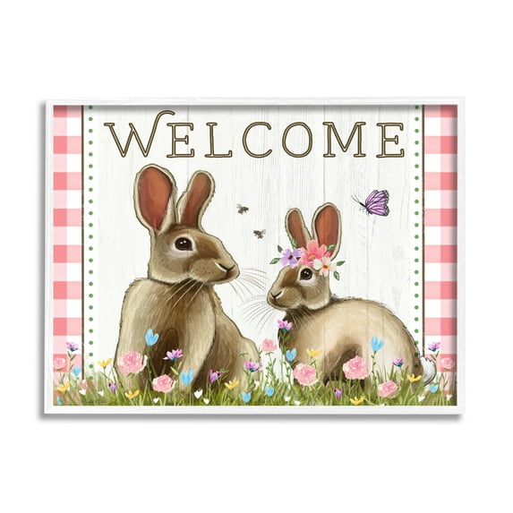 Stupell Welcome Plaid Spring Garden Rabbits Holiday Painting White Framed Art Print Wall Art