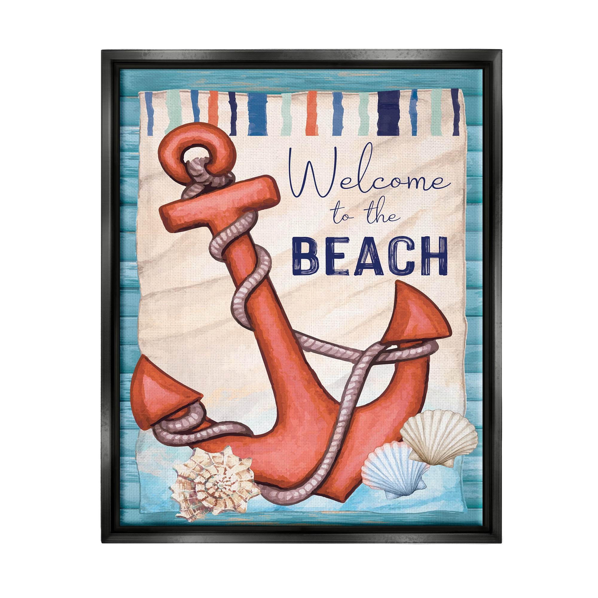 Stupell Welcome To Beach Nautical Anchor Stripes Landscape Painting Black Floater Framed Art Print Wall Art
