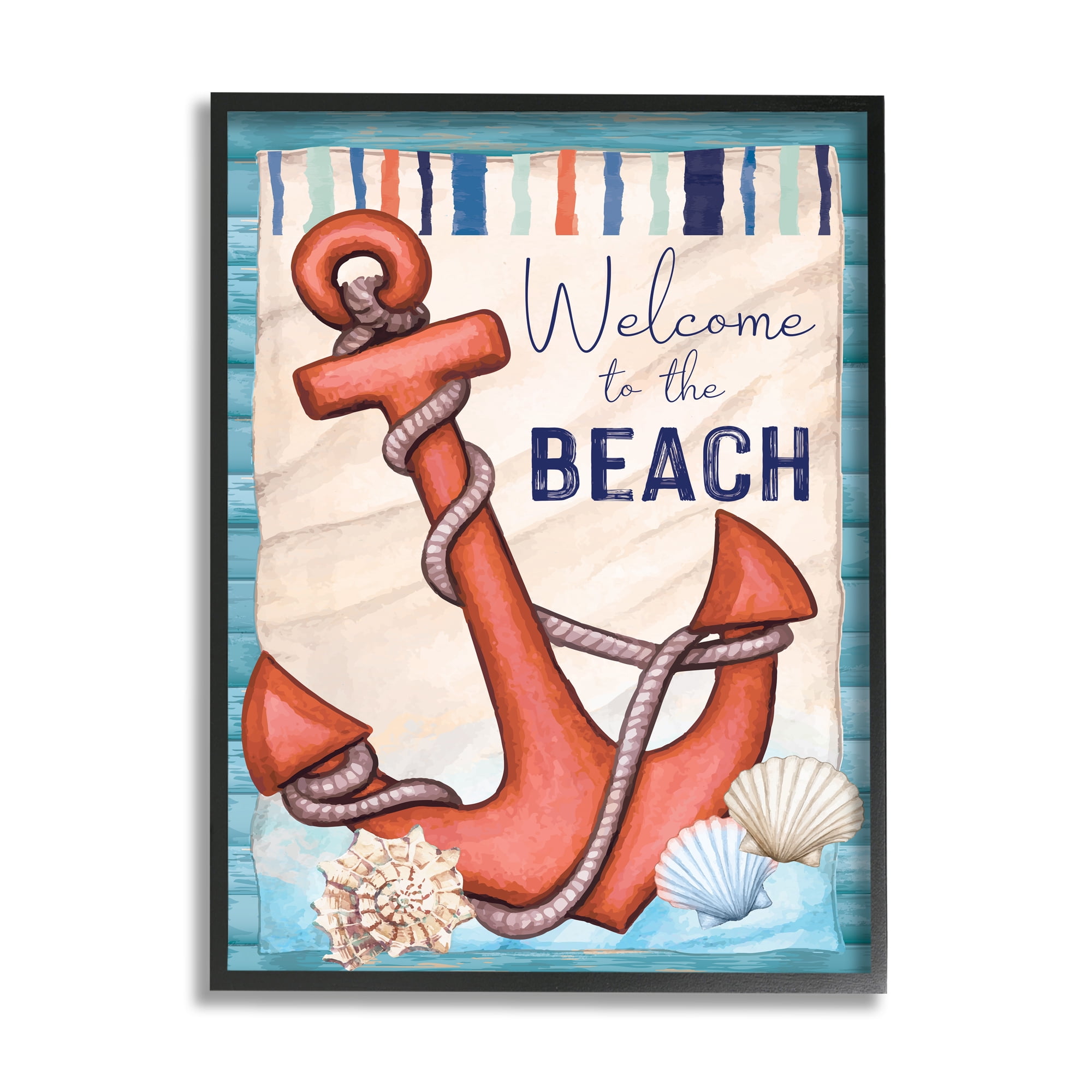 Stupell Welcome To Beach Nautical Anchor Stripes Landscape Painting Black Framed Art Print Wall Art