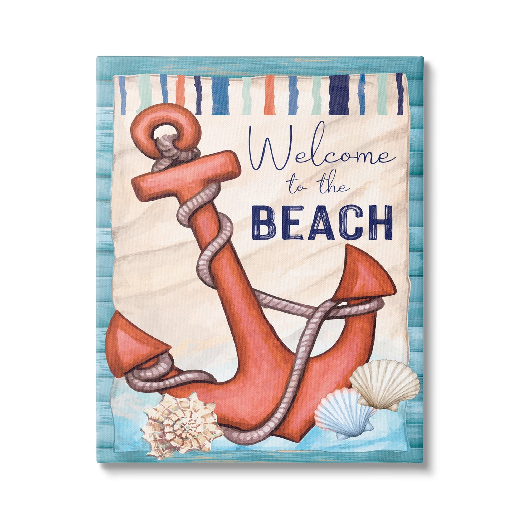 Stupell Welcome To Beach Nautical Anchor Stripes Landscape Painting Gallery Wrapped Canvas Print Wall Art