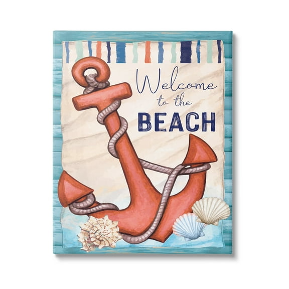 Stupell Welcome To Beach Nautical Anchor Stripes Landscape Painting Gallery Wrapped Canvas Print Wall Art