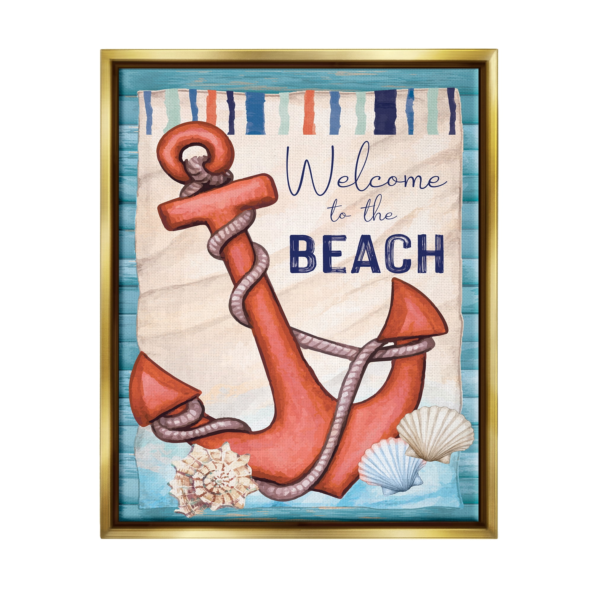 Stupell Welcome To Beach Nautical Anchor Stripes Landscape Painting Gold Floater Framed Art Print Wall Art