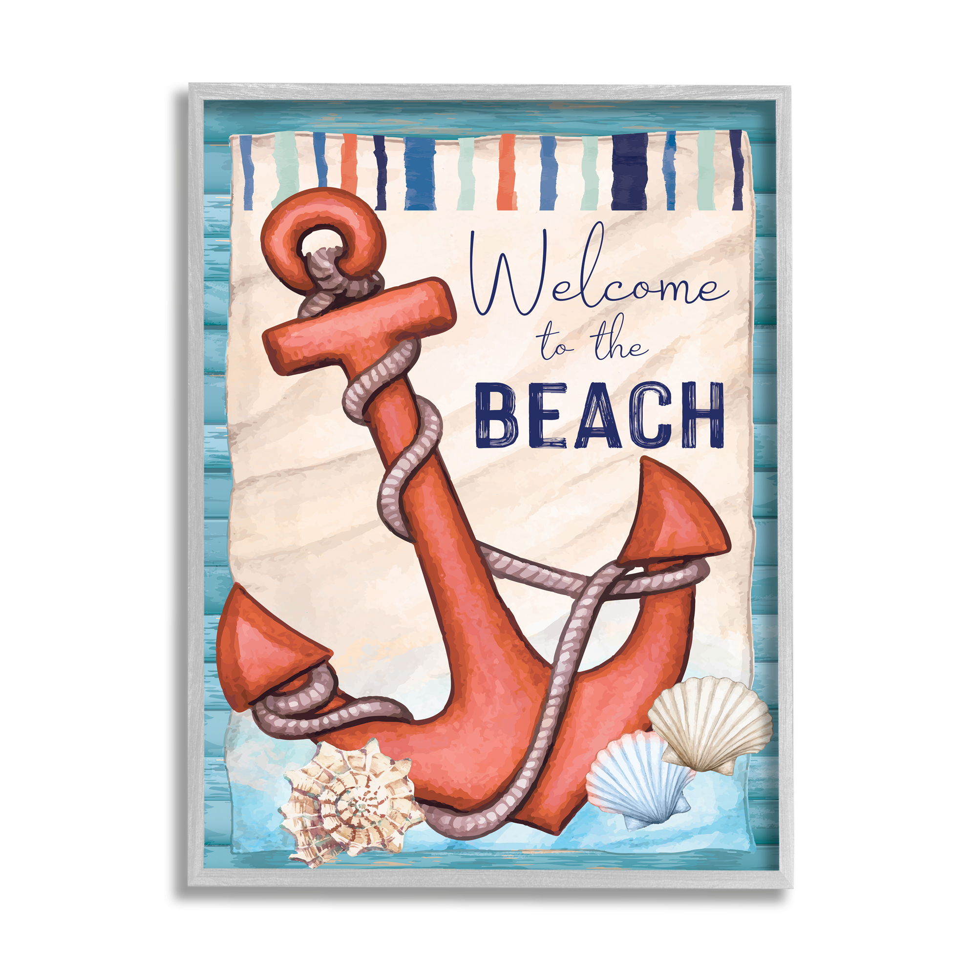 Stupell Welcome To Beach Nautical Anchor Stripes Landscape Painting Gray Framed Art Print Wall Art
