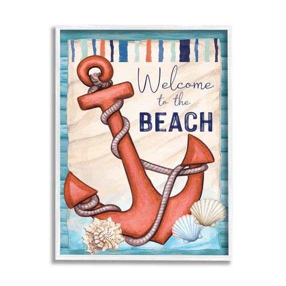 Stupell Welcome To Beach Nautical Anchor Stripes Landscape Painting White Framed Art Print Wall Art