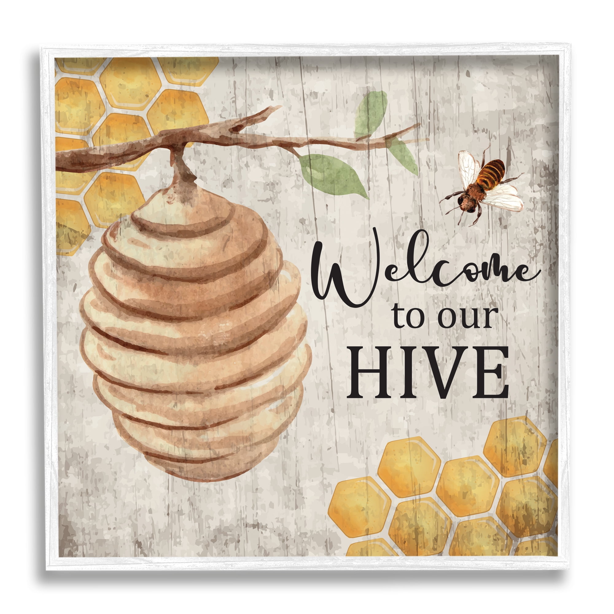 Stupell Welcome To Our Hive Honeycomb Pattern Animals & Insects Painting White Framed Art Print Wall Art