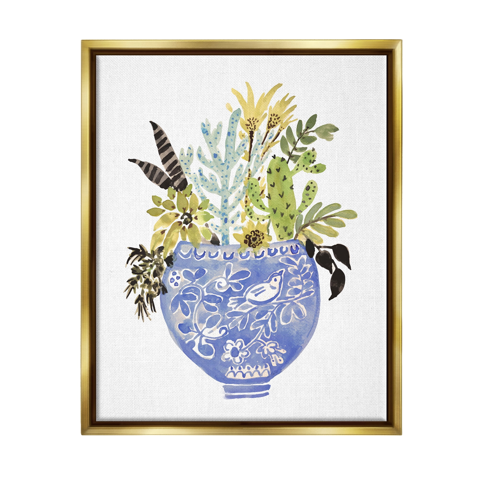 Stupell Whimsical Botanicals Ornate Planter Botanical & Floral Painting Gold Floater Framed Art Print Wall Art