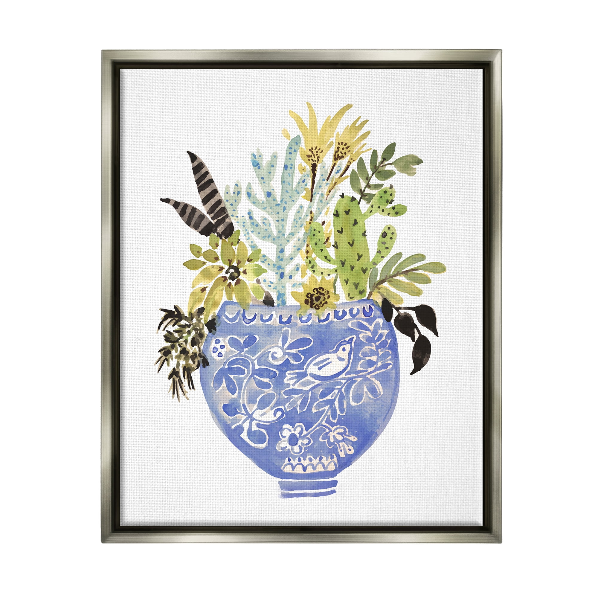Stupell Whimsical Botanicals Ornate Planter Botanical & Floral Painting Gray Floater Framed Art Print Wall Art