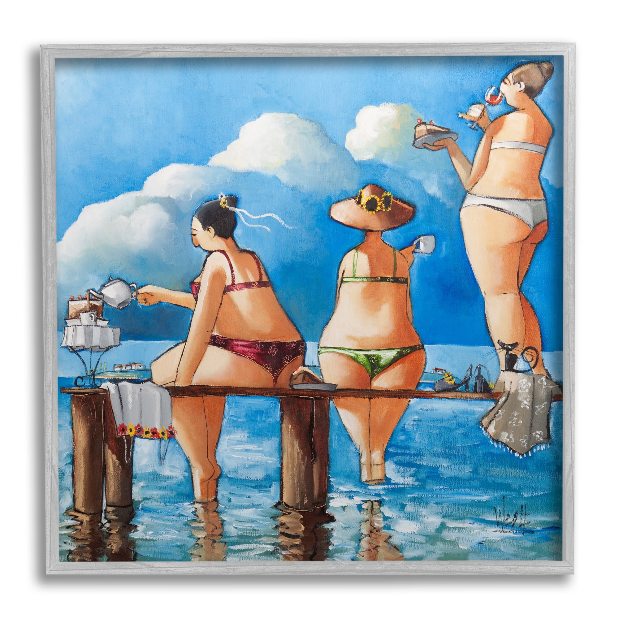 Stupell Whimsical Summer Beach Ladies Landscape Painting Gray Framed Art Print Wall Art