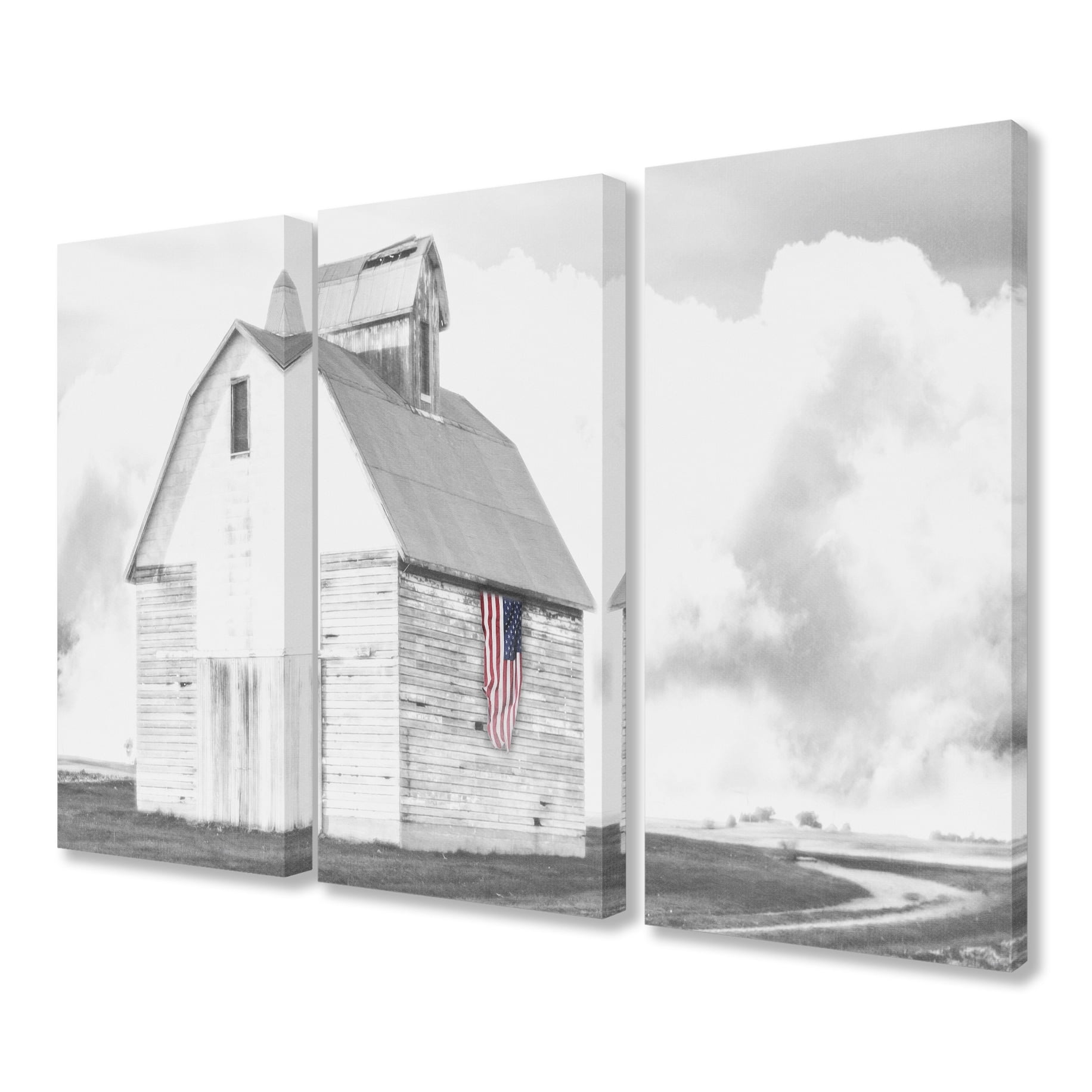 Stupell White Barn with Flag Black and Grey, 3pc Multi Piece Canvas Wall Art Set, 16 x 24 - Multi-color - 18 x 24