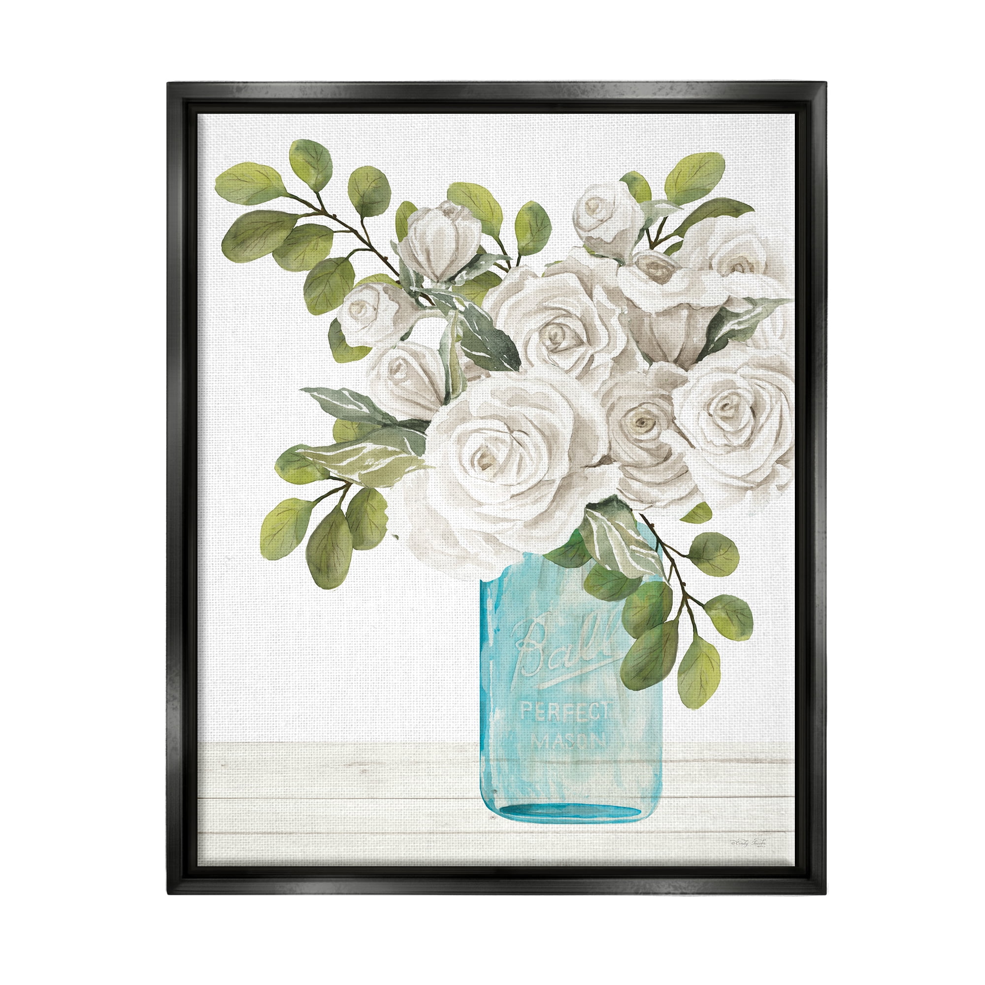 Stupell White Blossoms Country Jar Botanical & Floral Painting Black Floater Framed Art Print Wall Art