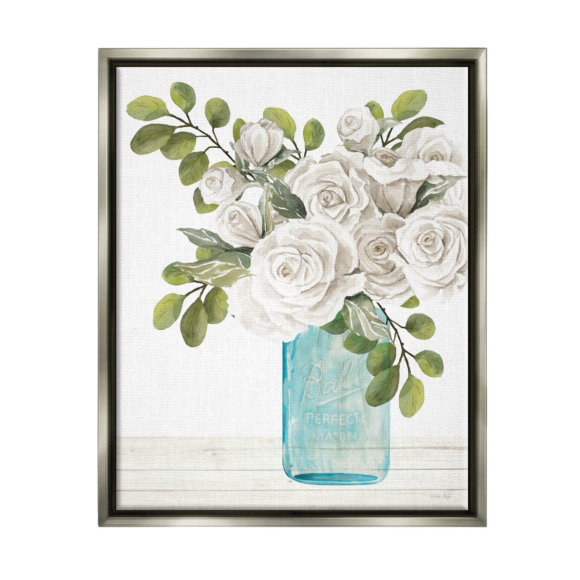Stupell White Blossoms Country Jar Botanical & Floral Painting Gray Floater Framed Art Print Wall Art