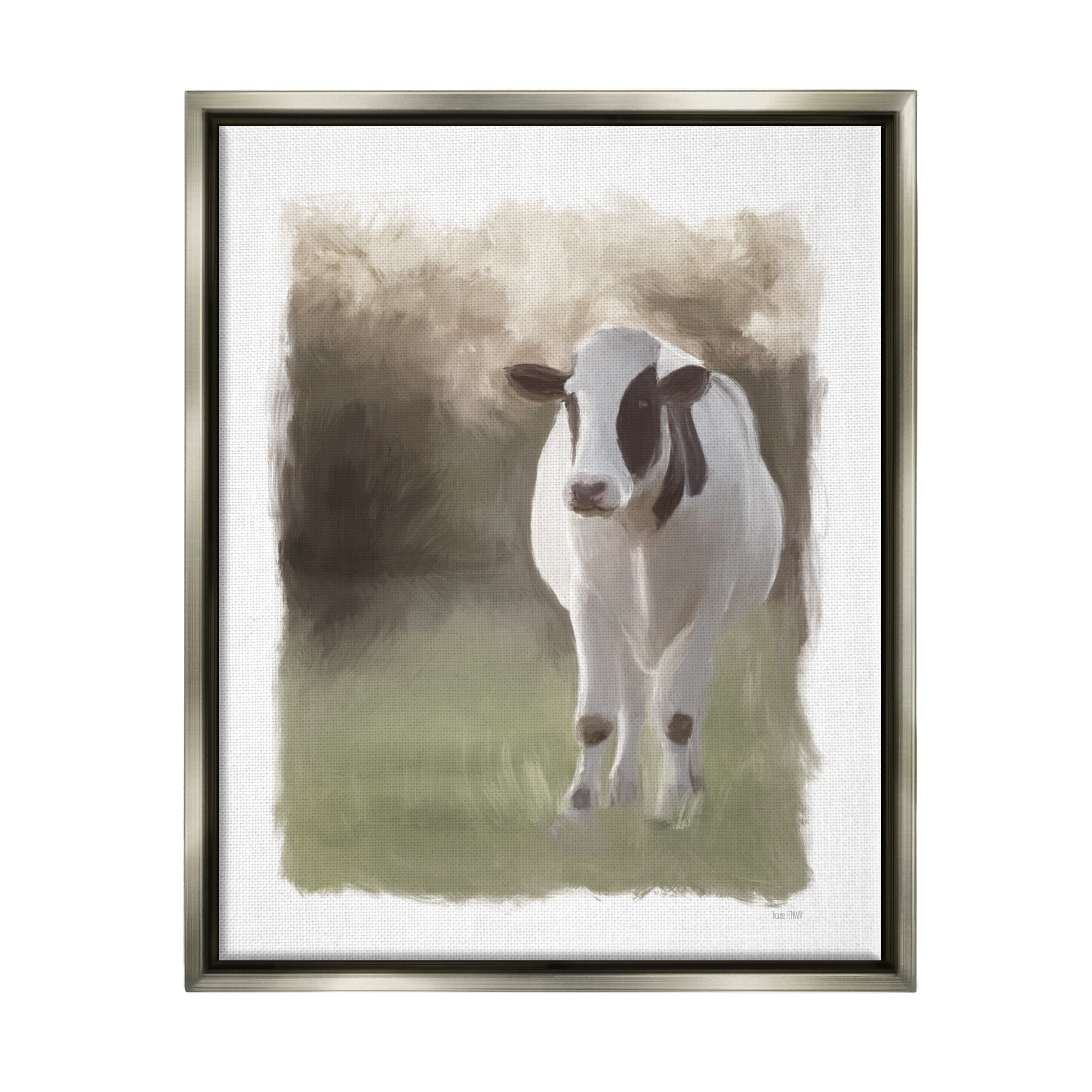Stupell White Cow Farmhouse Painting Animals & Insects Painting Gray Floater Framed Art Print Wall Art