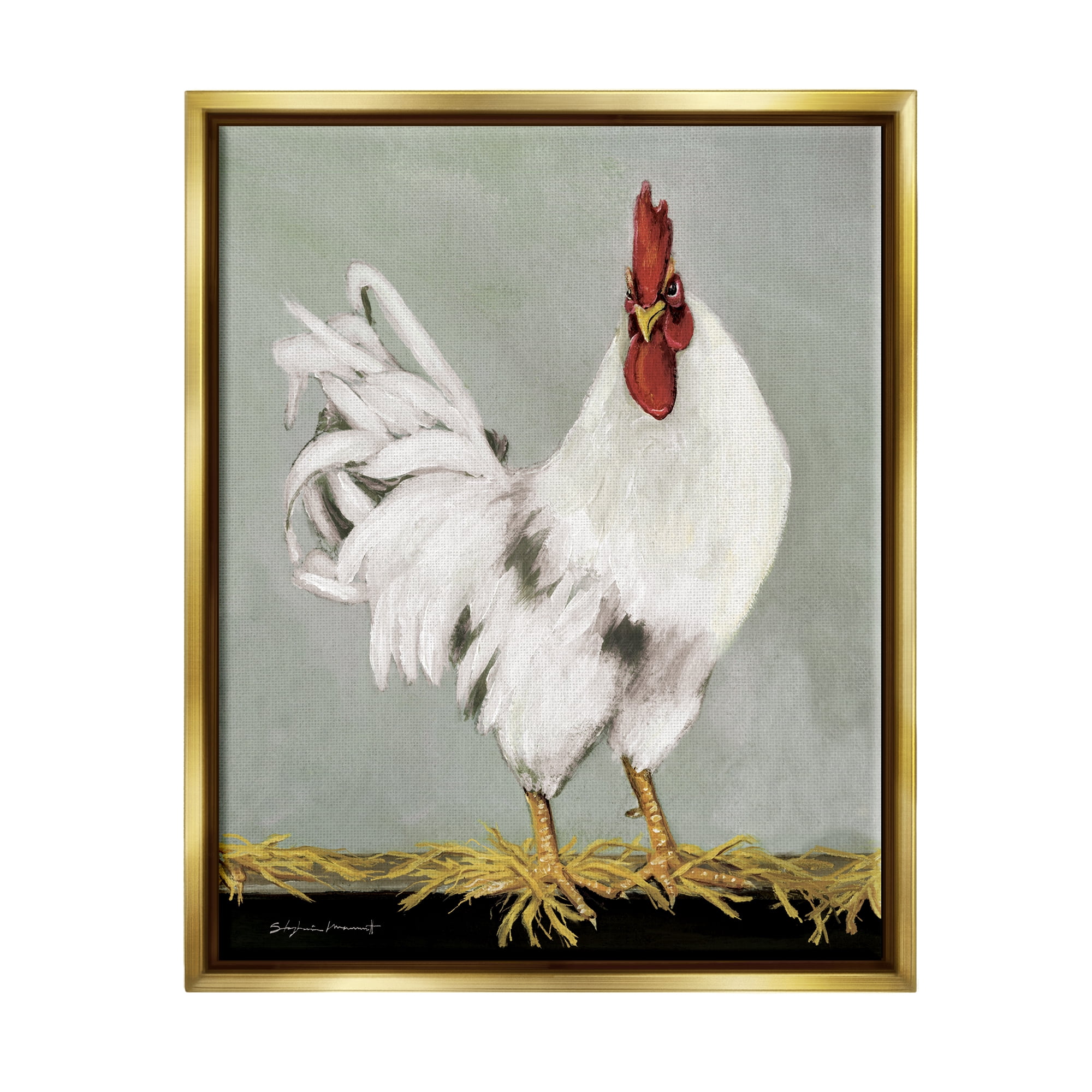 Stupell White Rooster Farmhouse Animal Animals & Insects Painting Gold Floater Framed Art Print Wall Art