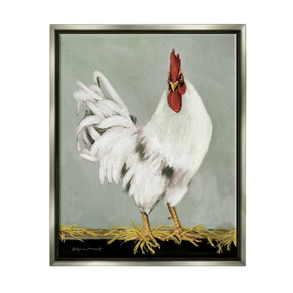 Stupell White Rooster Farmhouse Animal Animals & Insects Painting Gray Floater Framed Art Print Wall Art
