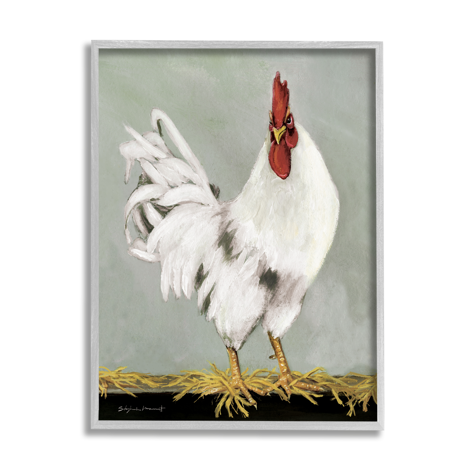 Stupell White Rooster Farmhouse Animal Animals & Insects Painting Gray Framed Art Print Wall Art