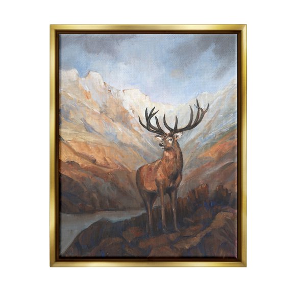 Stupell Wild Deer Breathtaking Mountain View Animals & Insects Painting Gold Floater Framed Art Print Wall Art