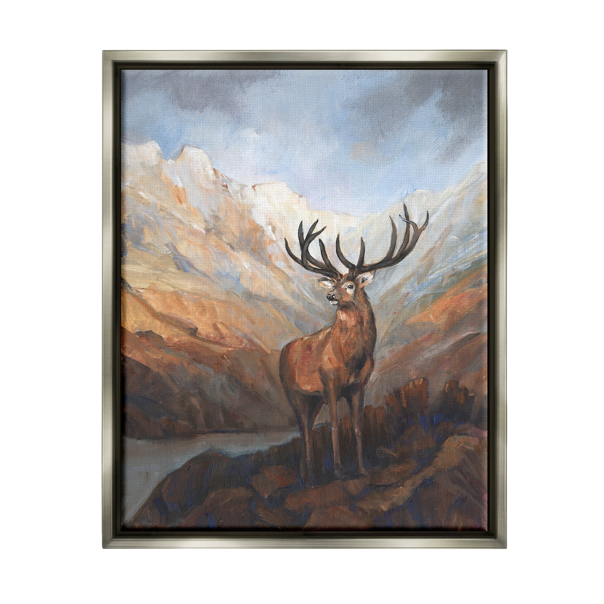 Stupell Wild Deer Breathtaking Mountain View Animals & Insects Painting Gray Floater Framed Art Print Wall Art