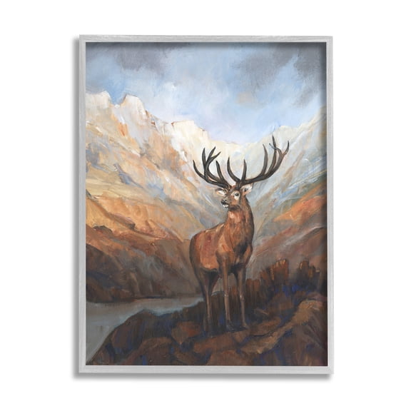 Stupell Wild Deer Breathtaking Mountain View Animals & Insects Painting Gray Framed Art Print Wall Art