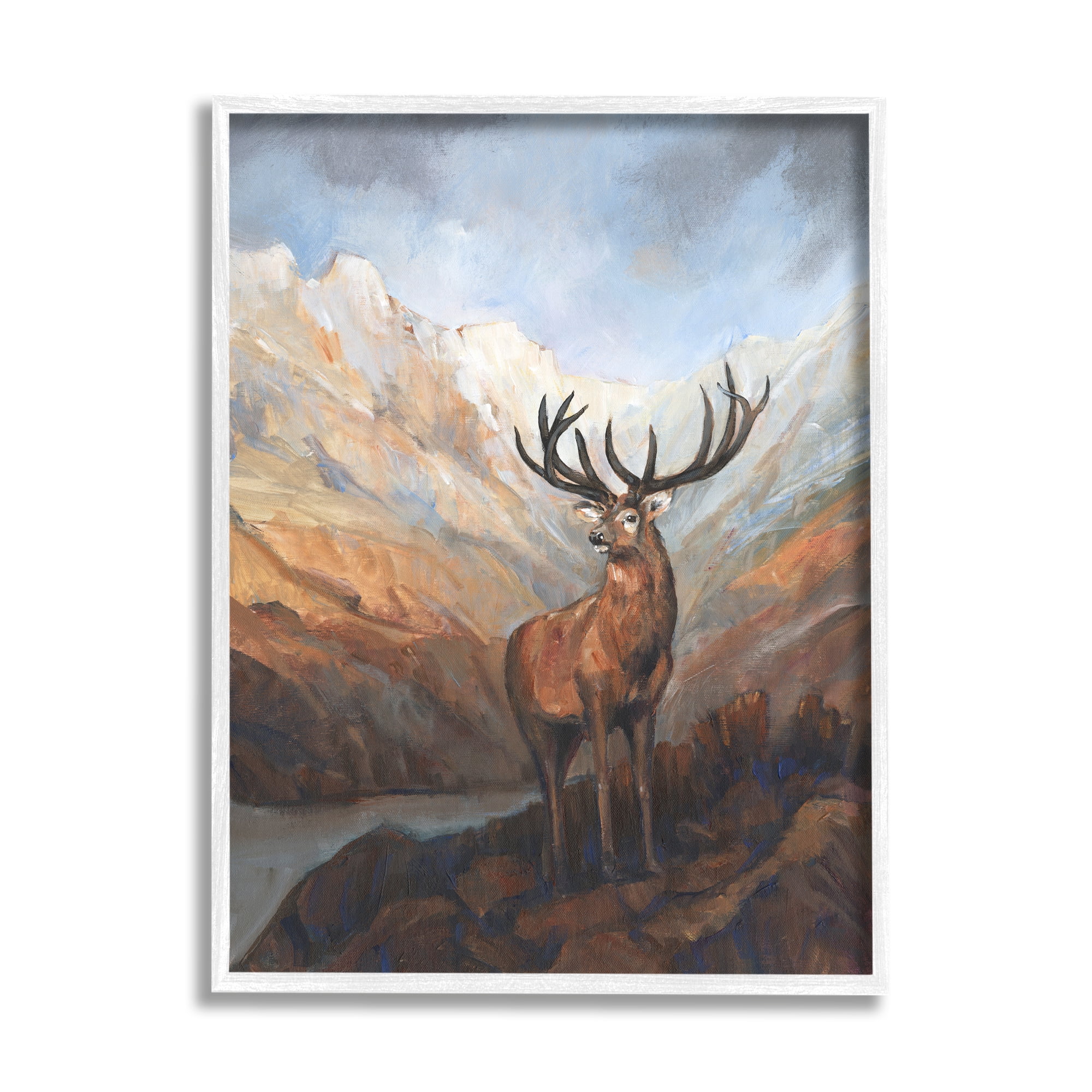 Stupell Wild Deer Breathtaking Mountain View Animals & Insects Painting White Framed Art Print Wall Art