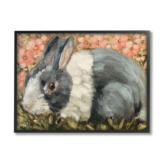 Stupell Wild Rabbit Pink Blooming Meadow Animals & Insects Painting Black Framed Art Print Wall Art