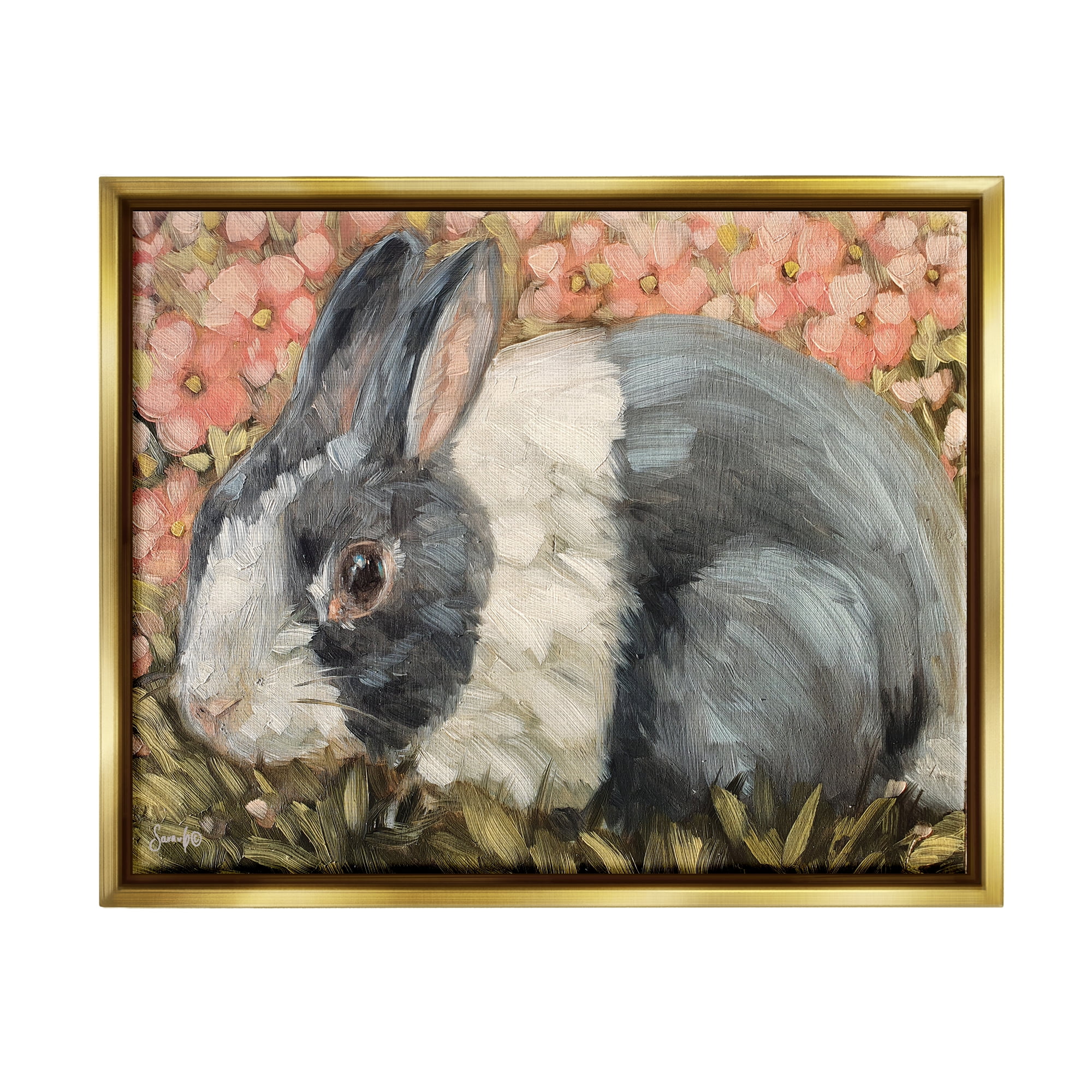 Stupell Wild Rabbit Pink Blooming Meadow Animals & Insects Painting Gold Floater Framed Art Print Wall Art