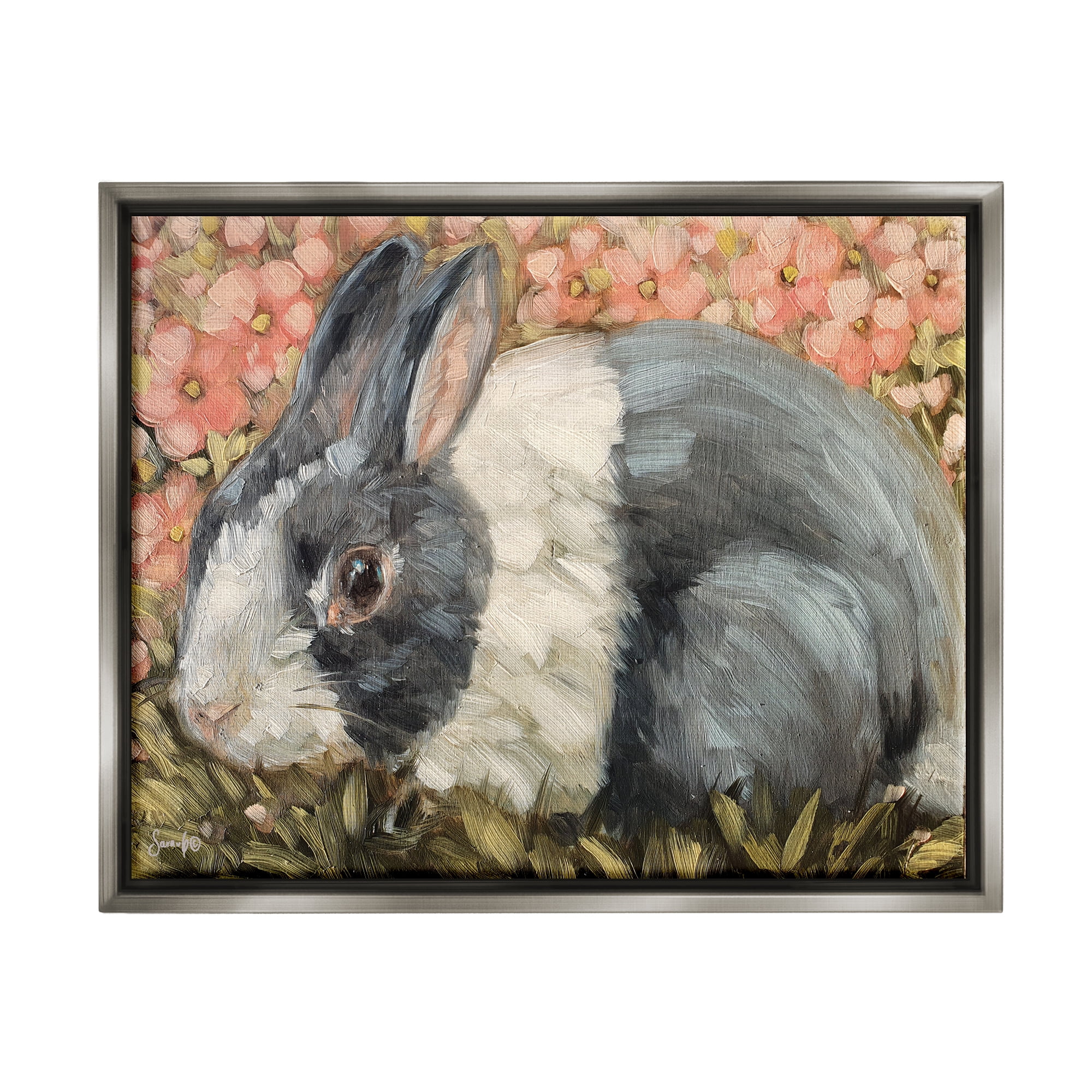 Stupell Wild Rabbit Pink Blooming Meadow Animals & Insects Painting Gray Floater Framed Art Print Wall Art