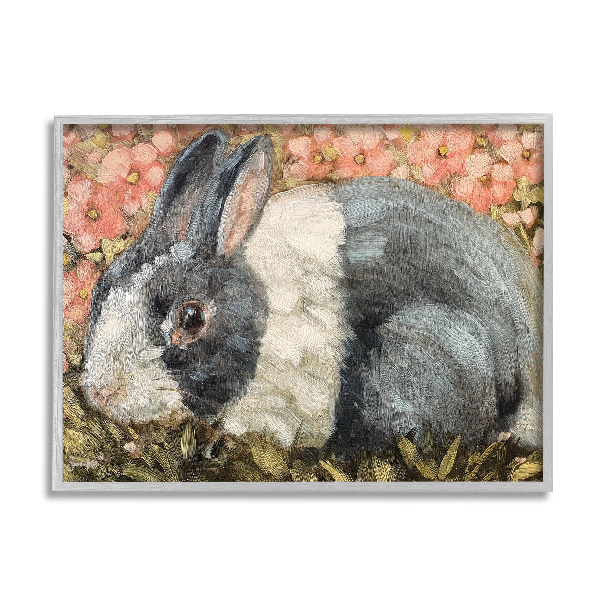 Stupell Wild Rabbit Pink Blooming Meadow Animals & Insects Painting Gray Framed Art Print Wall Art