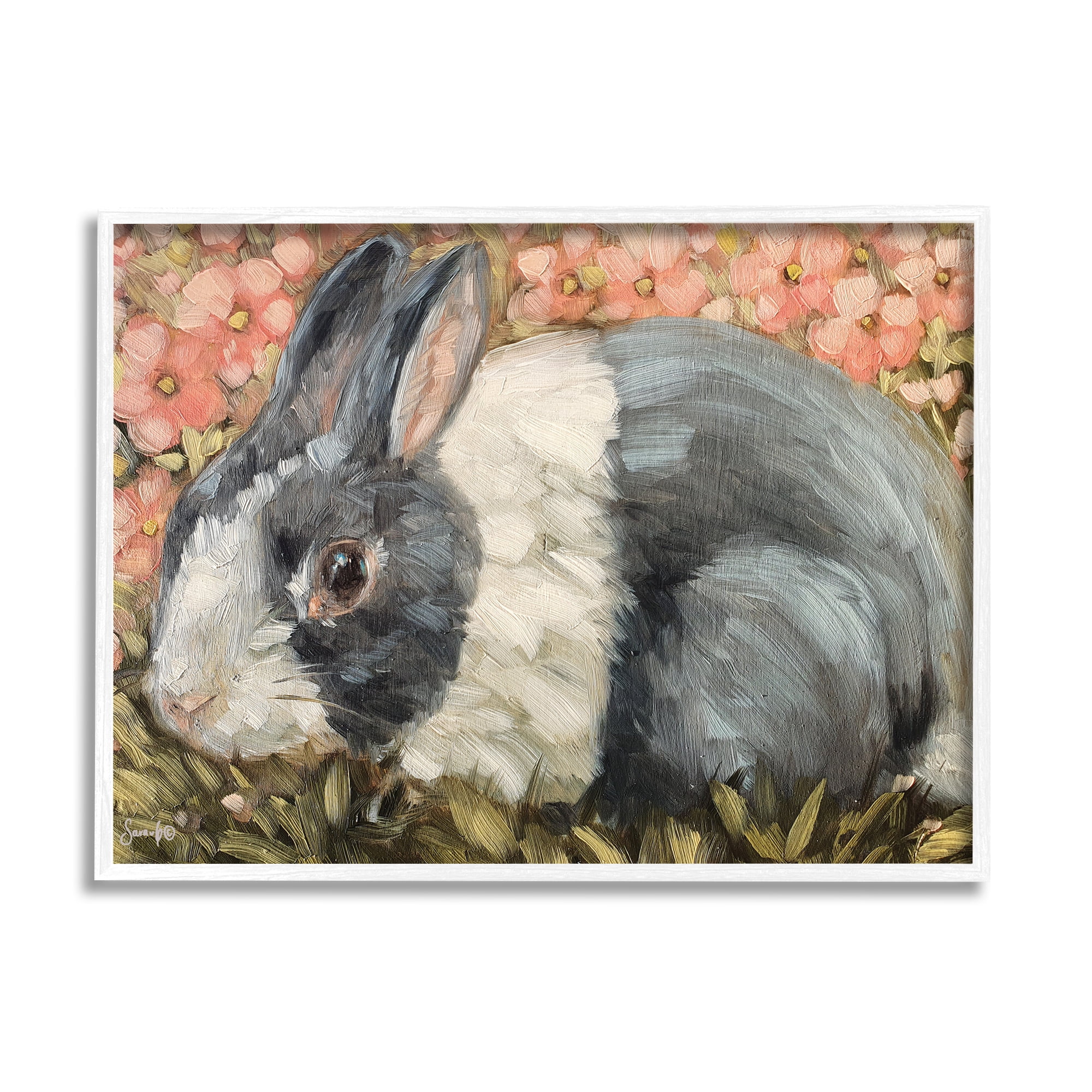 Stupell Wild Rabbit Pink Blooming Meadow Animals & Insects Painting White Framed Art Print Wall Art