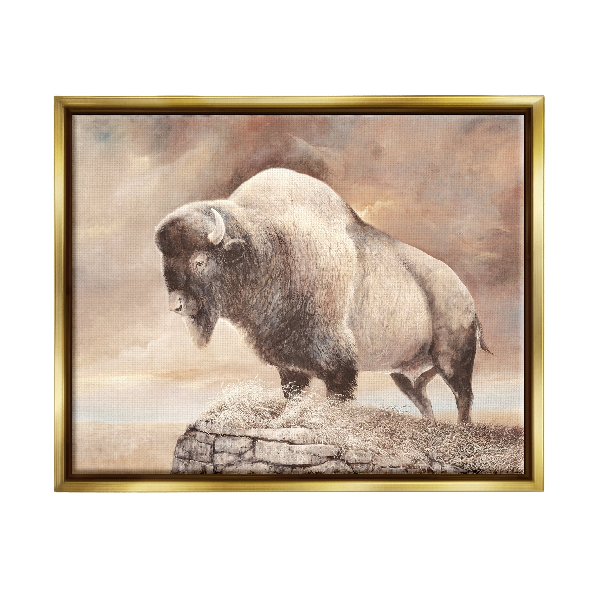 Stupell Wildlife Bison Forest Nature Scenery Animals & Insects Painting Gold Floater Framed Art Print Wall Art