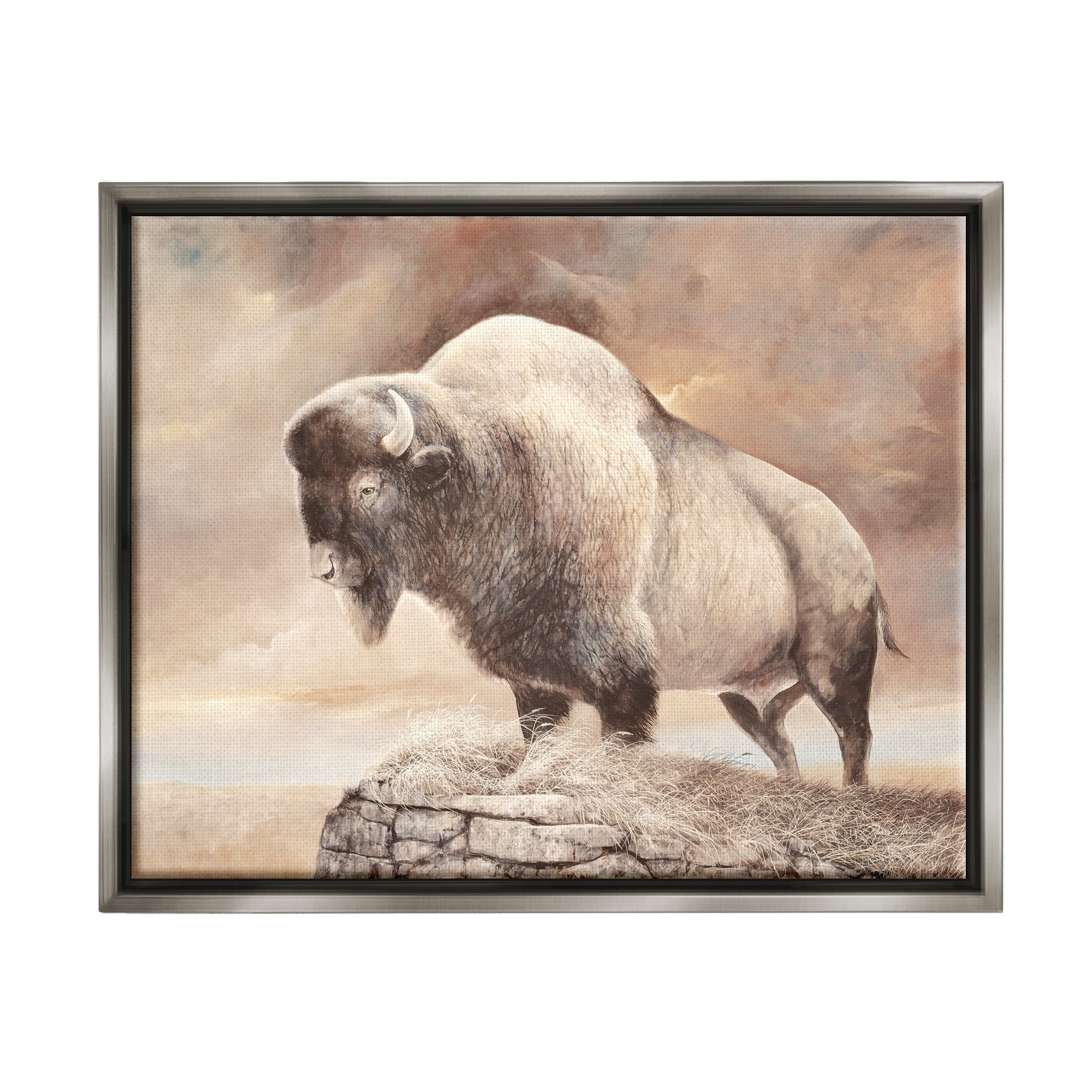 Stupell Wildlife Bison Forest Nature Scenery Animals & Insects Painting Gray Floater Framed Art Print Wall Art