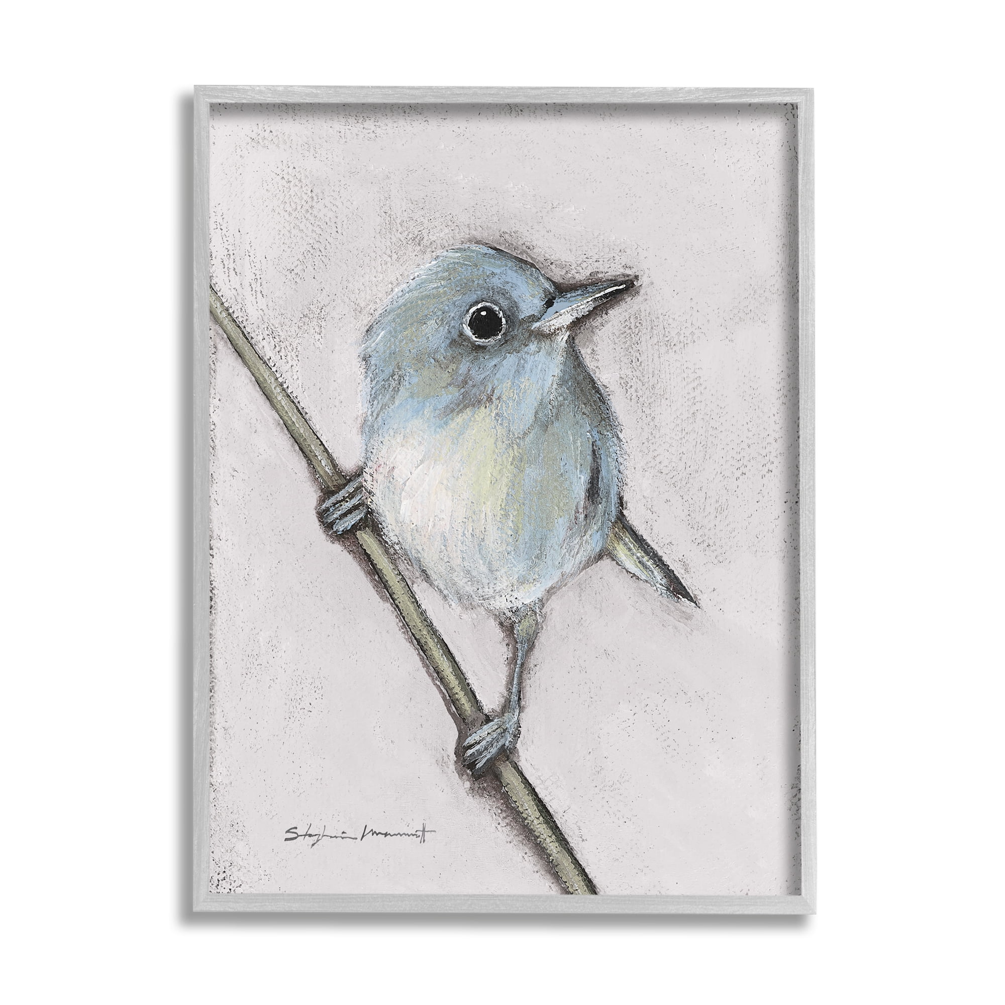 Gray Framed Wildlife Perched Bird Painting 16 x 20