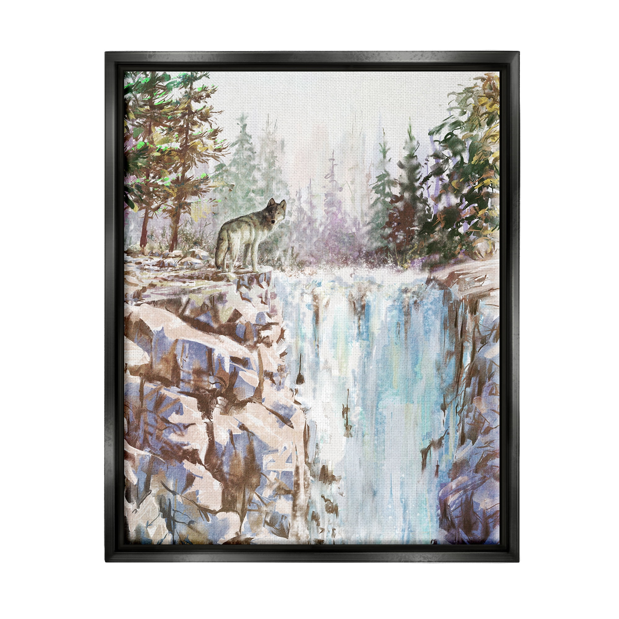 Stupell Wolf Near Rocky Waterfall Cliff Animals & Insects Painting Black Floater Framed Art Print Wall Art