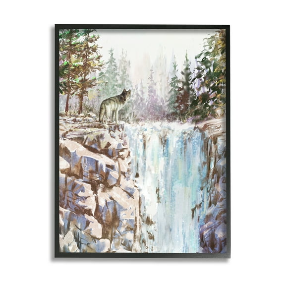 Stupell Wolf Near Rocky Waterfall Cliff Animals & Insects Painting Black Framed Art Print Wall Art