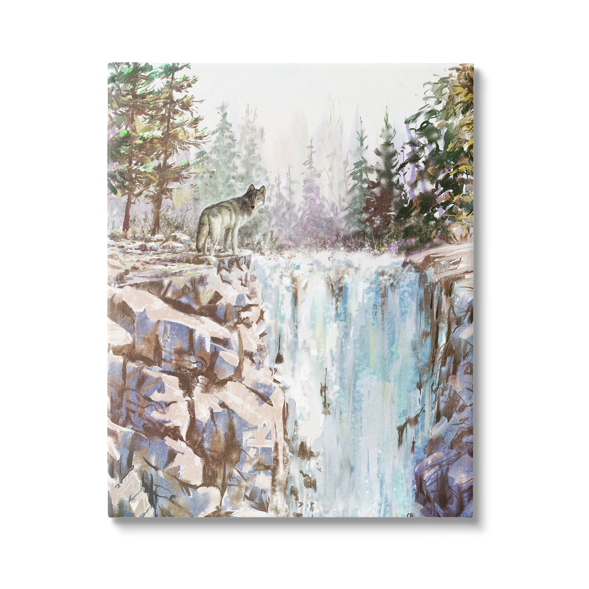Stupell Wolf Near Rocky Waterfall Cliff Animals & Insects Painting Gallery Wrapped Canvas Print Wall Art