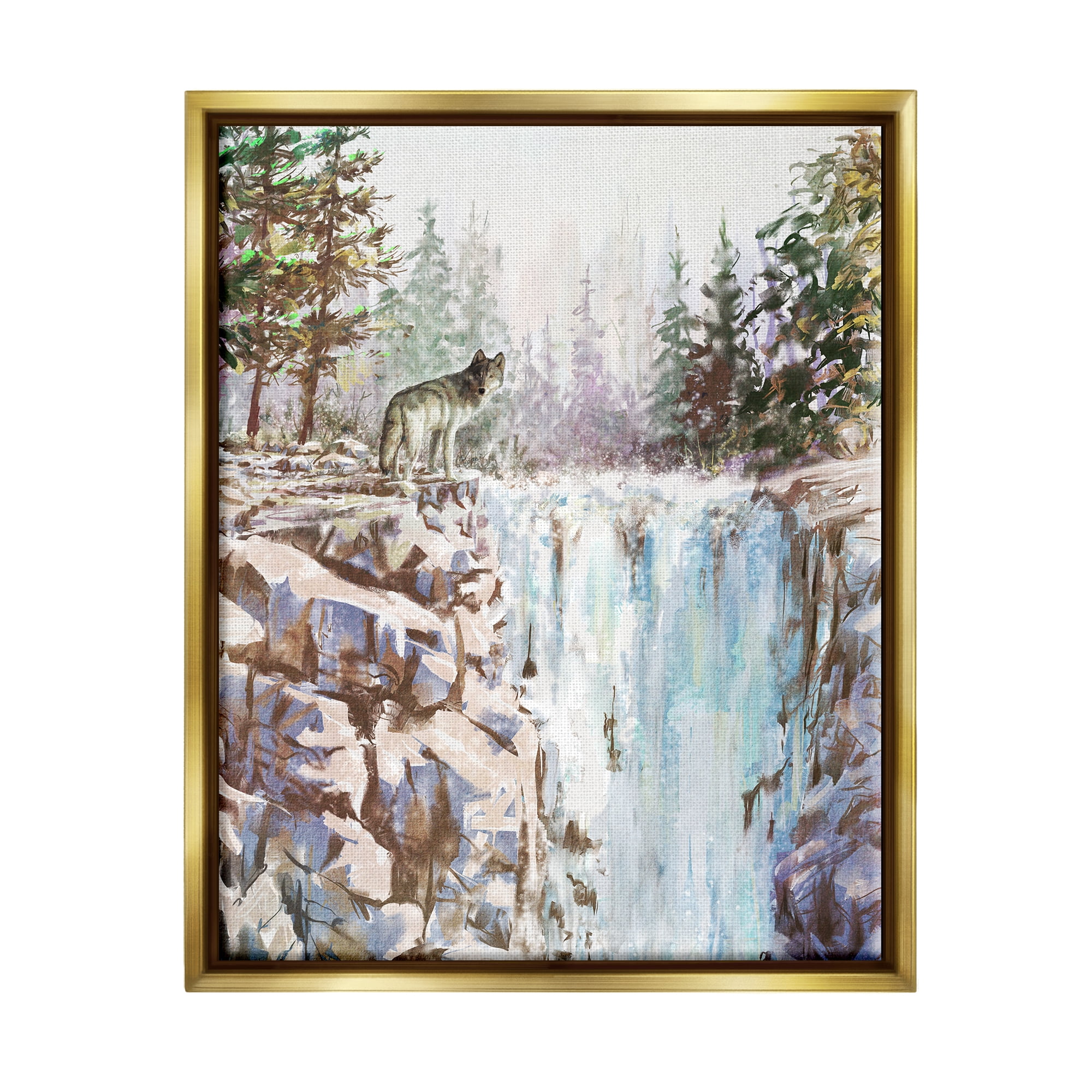 Stupell Wolf Near Rocky Waterfall Cliff Animals & Insects Painting Gold Floater Framed Art Print Wall Art