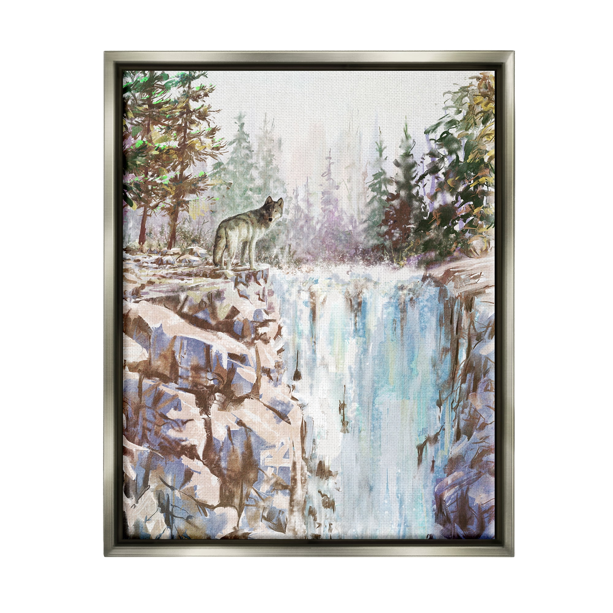 Stupell Wolf Near Rocky Waterfall Cliff Animals & Insects Painting Gray Floater Framed Art Print Wall Art