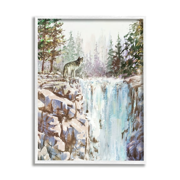 Stupell Wolf Near Rocky Waterfall Cliff Animals & Insects Painting White Framed Art Print Wall Art