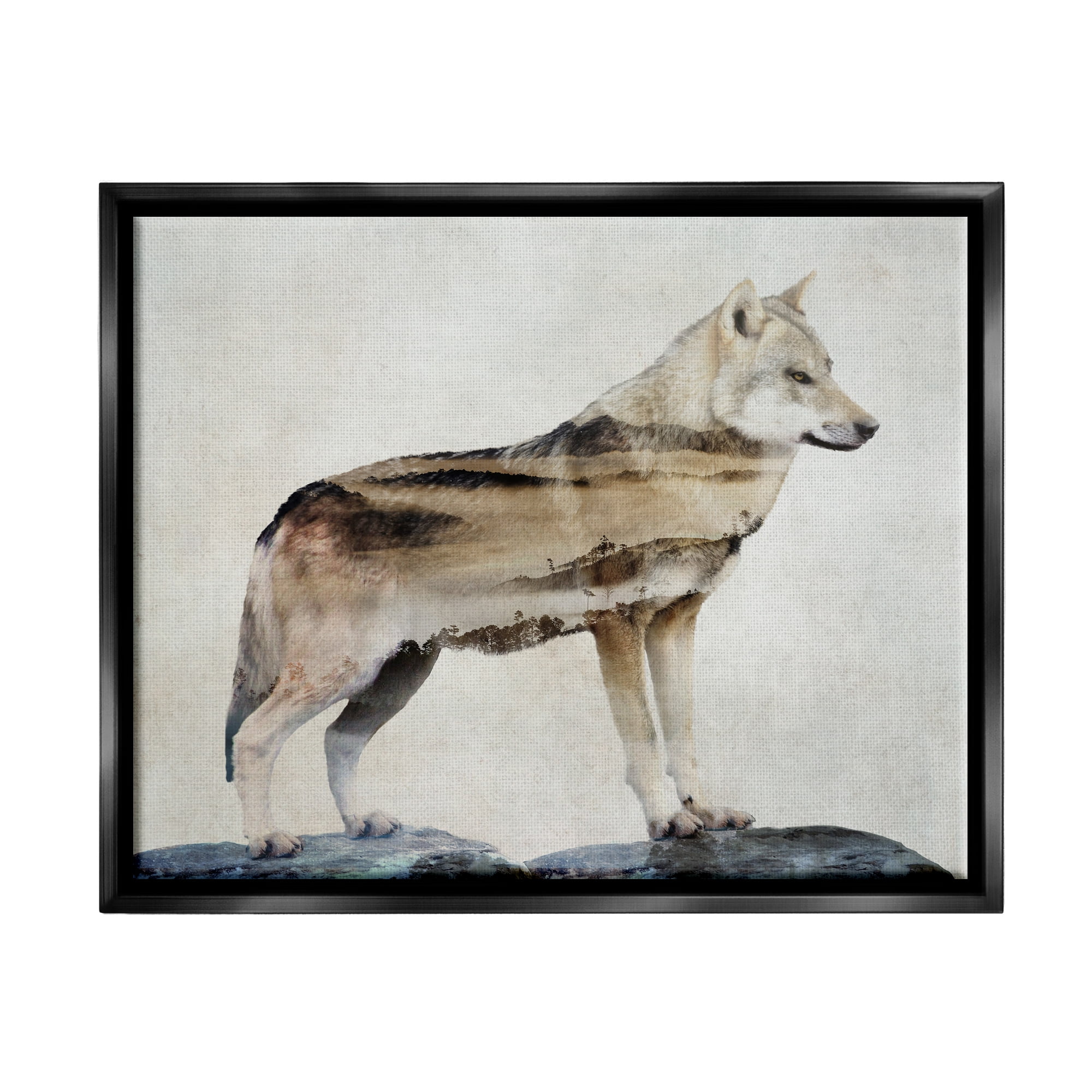 Stupell Wolf Silhouette Forest Nature Scenery Animals & Insects Painting Black Floater Framed Art Print Wall Art