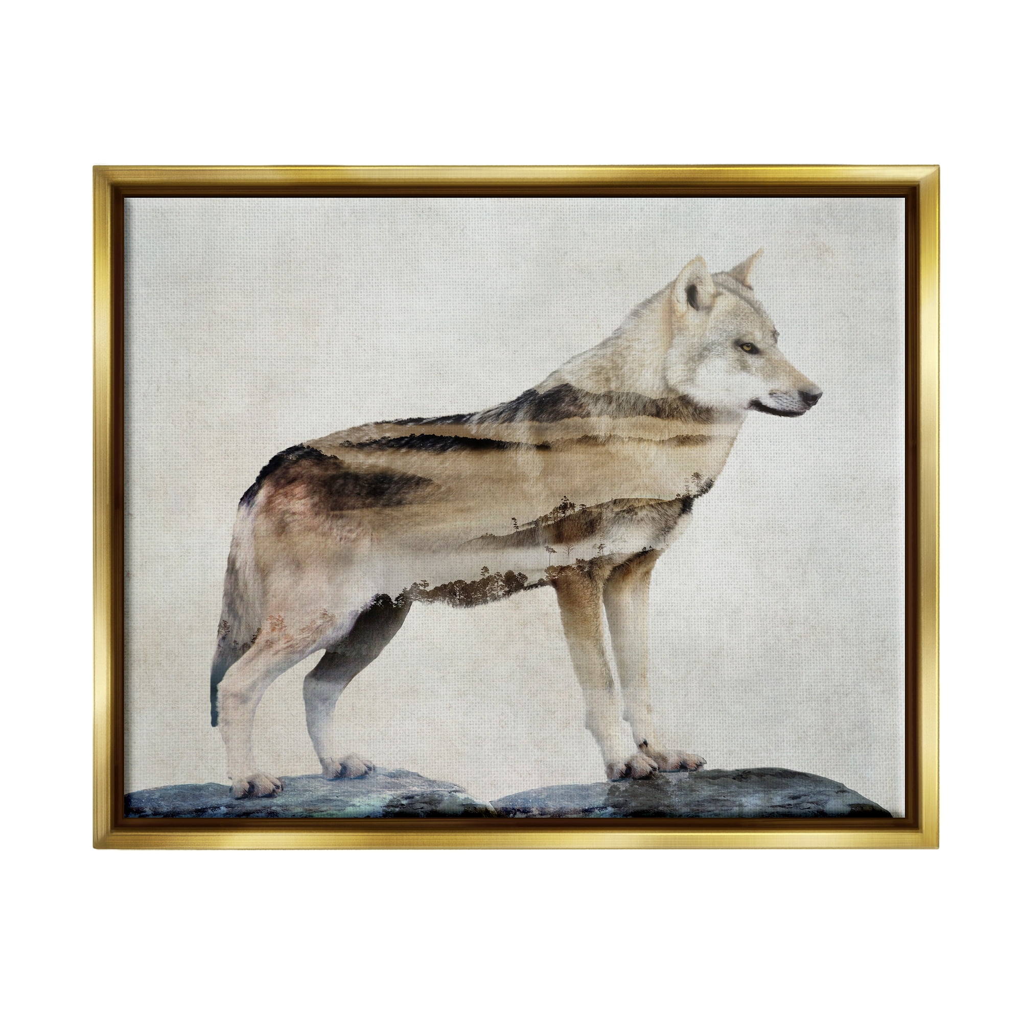 Stupell Wolf Silhouette Forest Nature Scenery Animals & Insects Painting Gold Floater Framed Art Print Wall Art