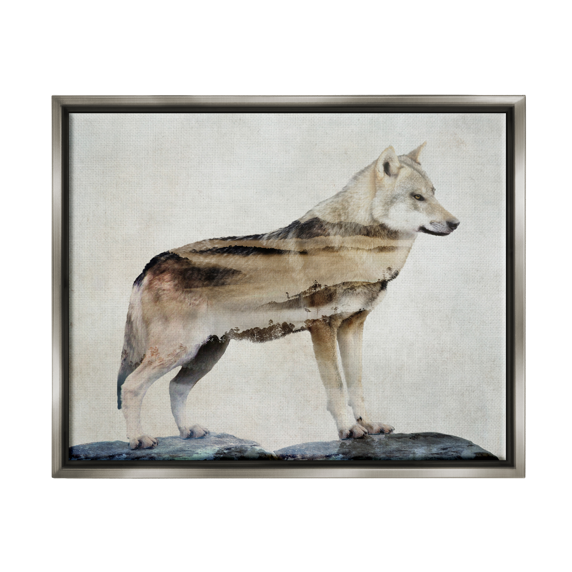 Stupell Wolf Silhouette Forest Nature Scenery Animals & Insects Painting Gray Floater Framed Art Print Wall Art