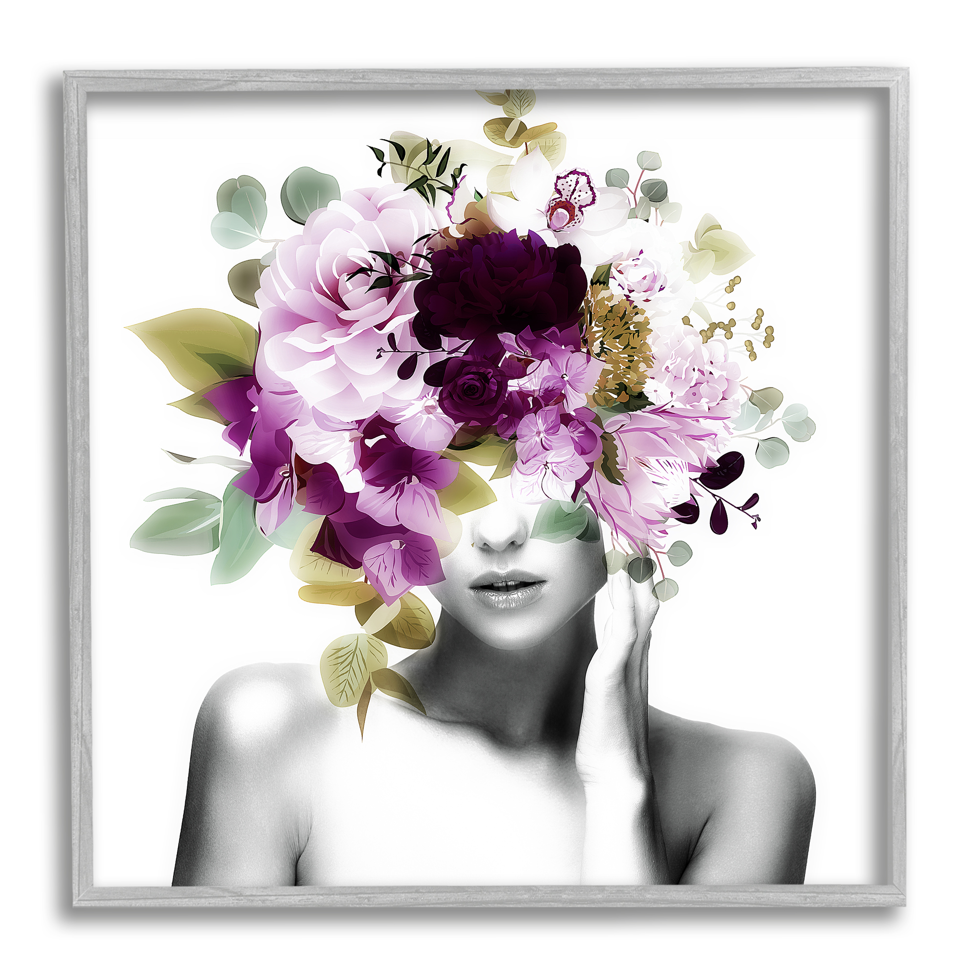 Stupell Woman Purple Blossoms Arrangement Botanical & Floral Painting Gray Framed Art Print Wall Art