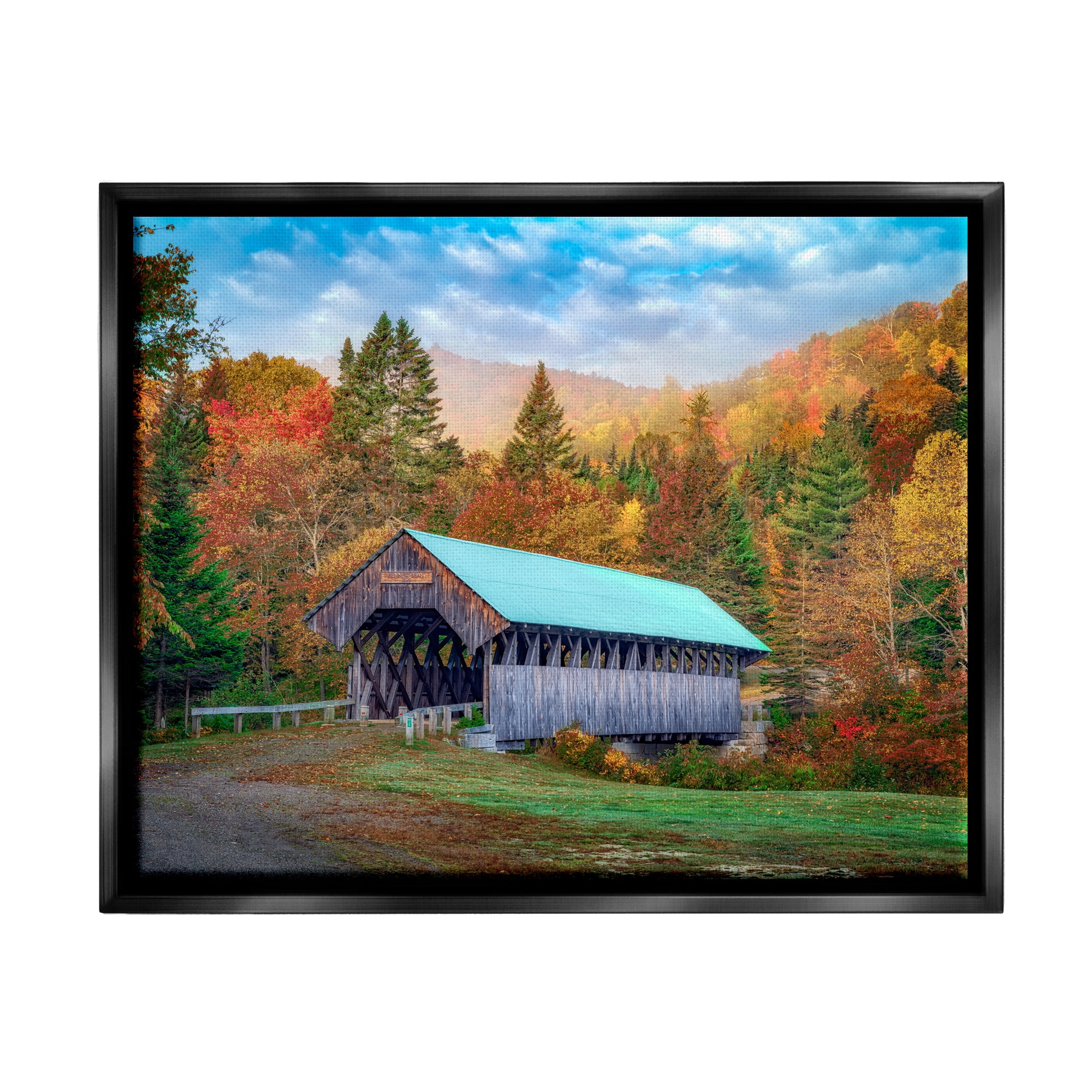 Stupell Woodland Covered Bridge Mountain Foliage Landscape Photography Black Floater Framed Art Print Wall Art