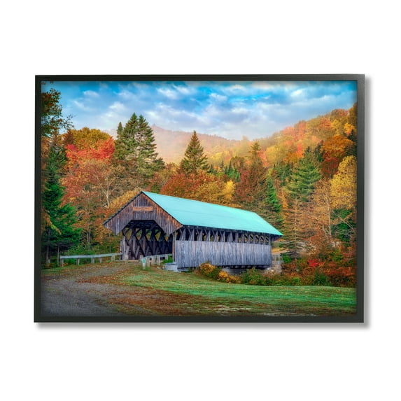 Stupell Woodland Covered Bridge Mountain Foliage Landscape Photography Black Framed Art Print Wall Art