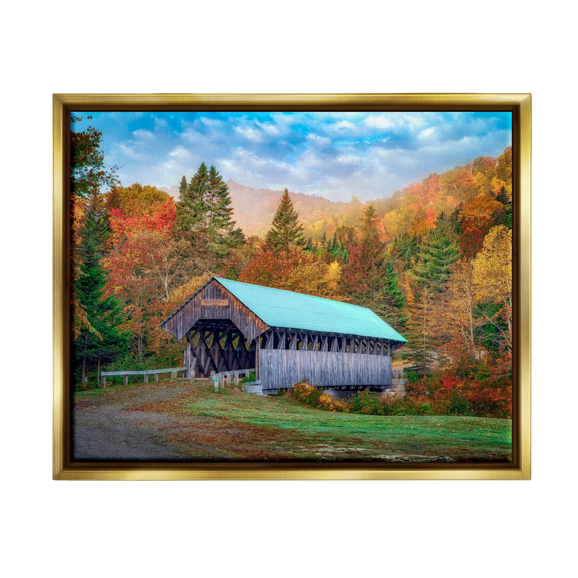 Stupell Woodland Covered Bridge Mountain Foliage Landscape Photography Gold Floater Framed Art Print Wall Art