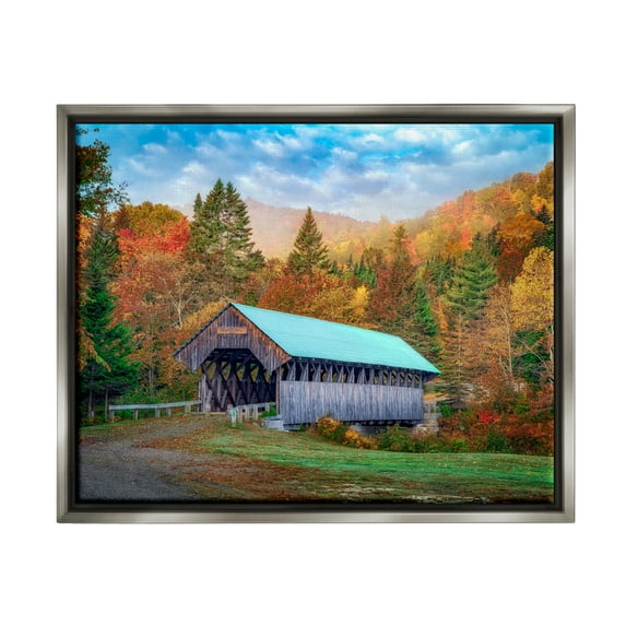 Stupell Woodland Covered Bridge Mountain Foliage Landscape Photography Gray Floater Framed Art Print Wall Art