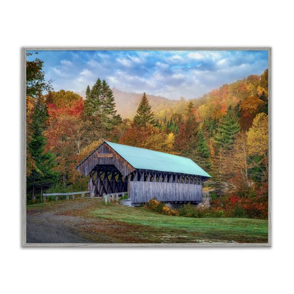 Stupell Industries Contemporary Woodland Covered Bridge Mountain Foliage Gray Framed Giclee Art, 14 x 11, by Rick Berk