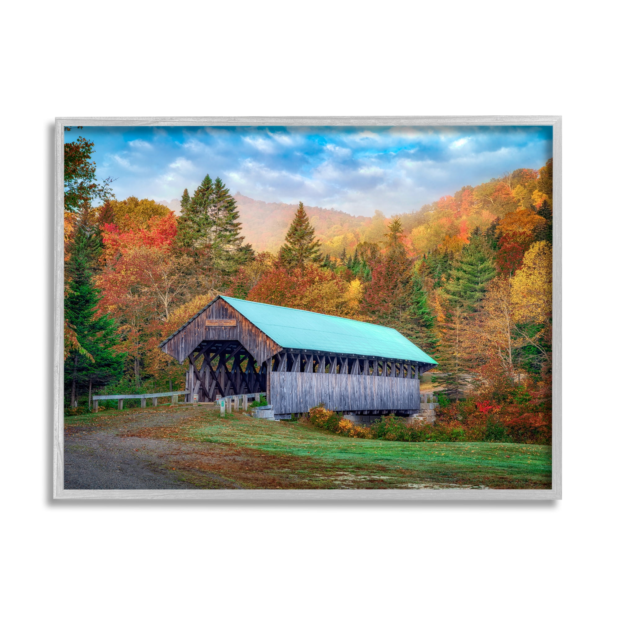 Stupell Woodland Covered Bridge Mountain Foliage Landscape Photography Gray Framed Art Print Wall Art