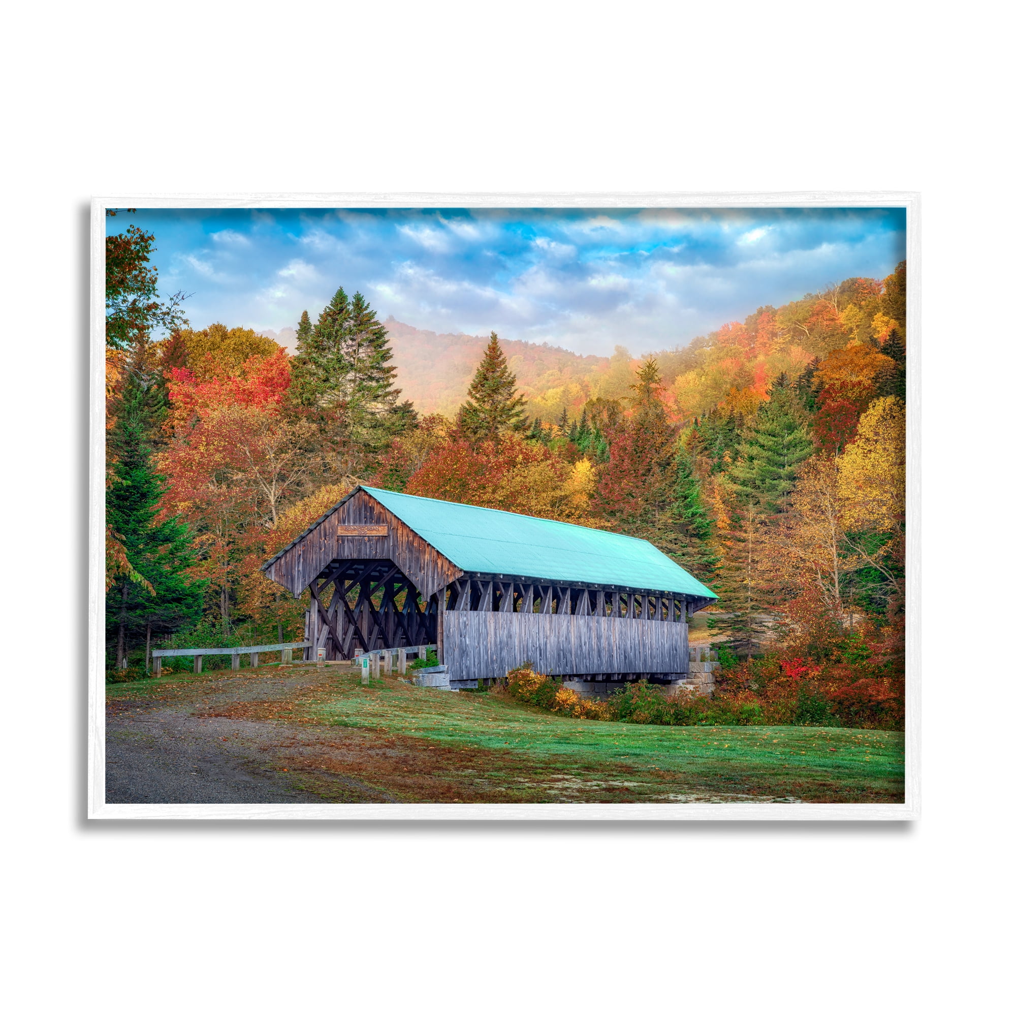 Stupell Woodland Covered Bridge Mountain Foliage Landscape Photography White Framed Art Print Wall Art