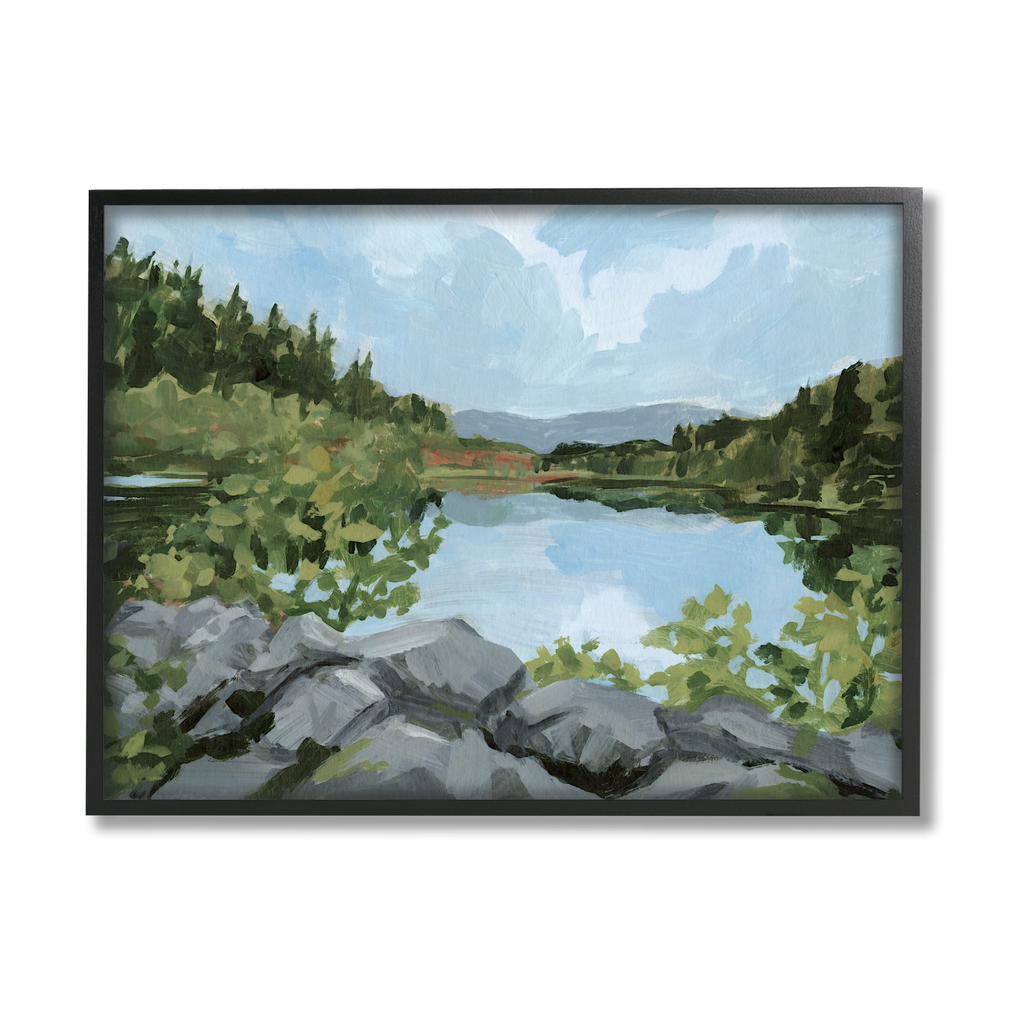 Stupell Woodland Lake Rocky Shore Landscape Painting Black Framed Art Print Wall Art