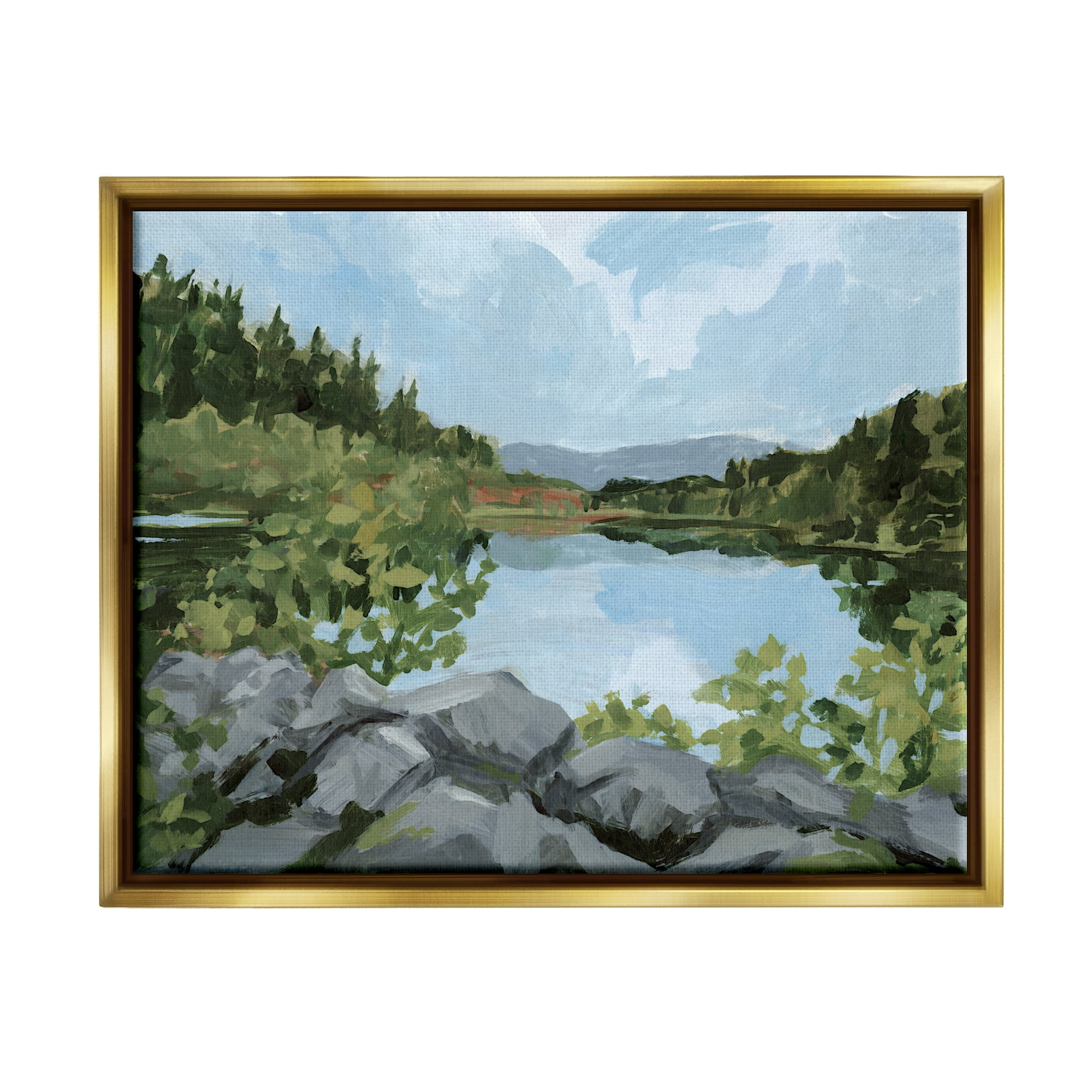 Stupell Woodland Lake Rocky Shore Landscape Painting Gold Floater Framed Art Print Wall Art